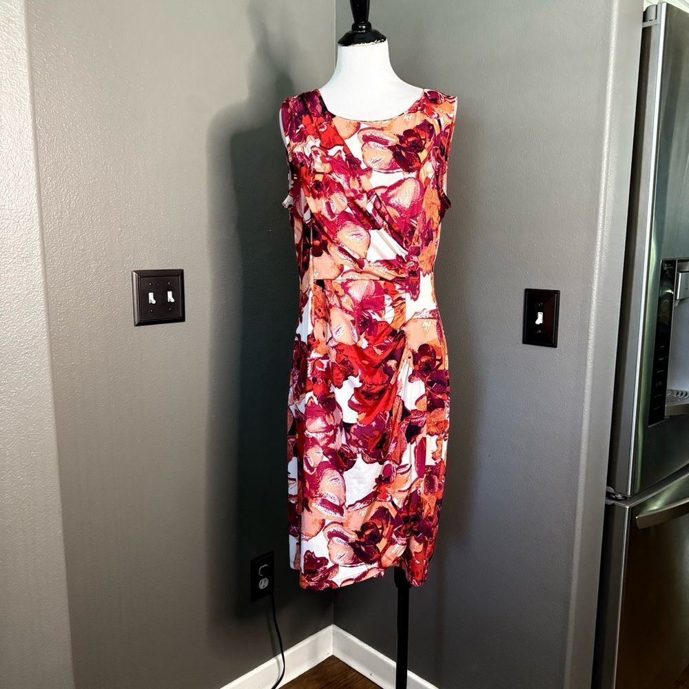 Dana Buchman Abstract Floral Midi Dress - Red and Pink